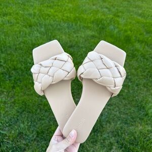 Open Edit Lucca Quilted Strap Flat Slide Sandals Women's Beige Size US6.5